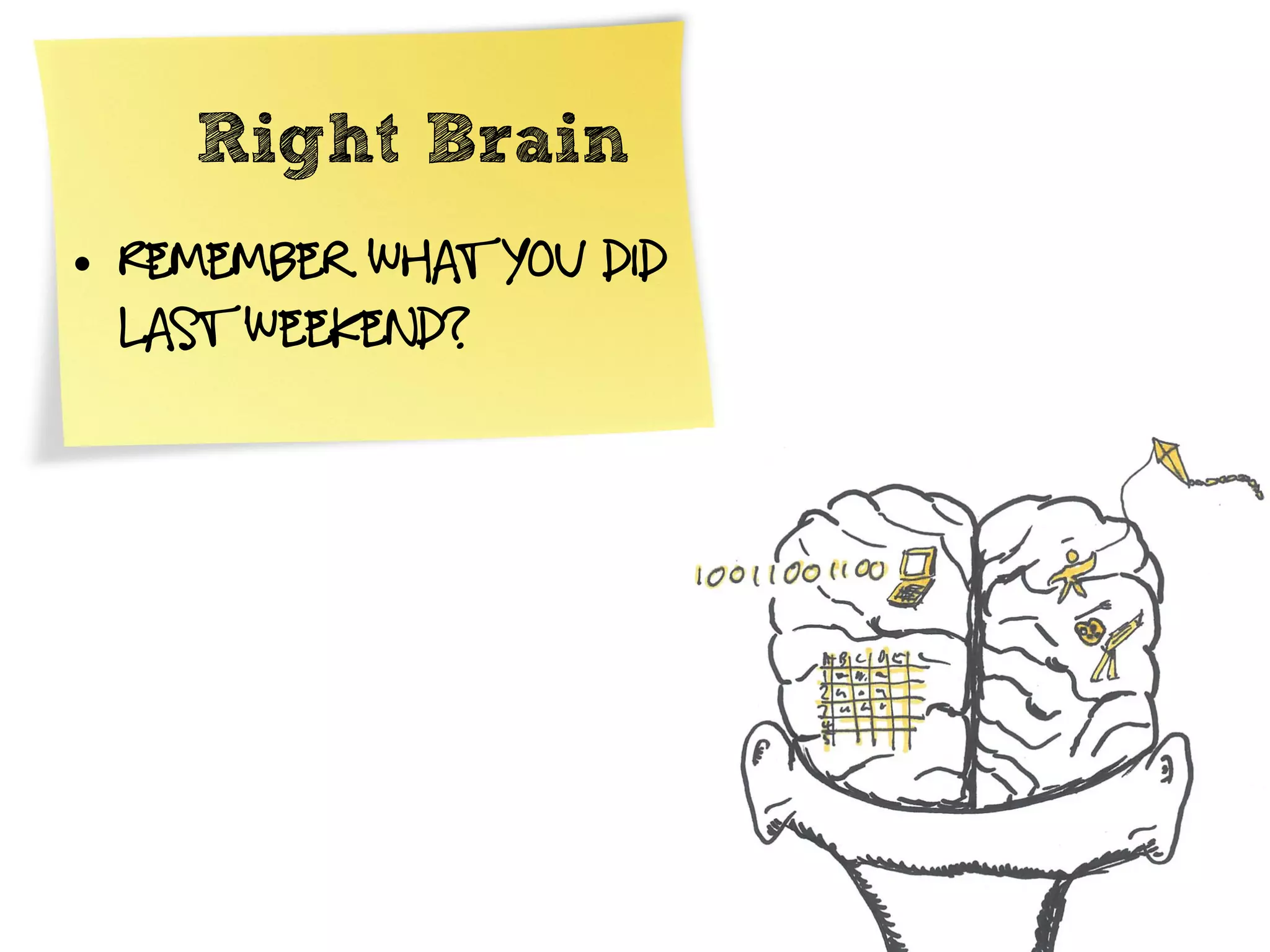 Right Brain
• Remember what you did
  last weekend?
 