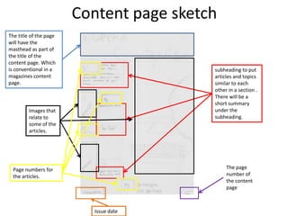 The title of the page
will have the
masthead as part of
the title of the
content page. Which
is conventional in a
magazines content
page.
Page numbers for
the articles.
subheading to put
articles and topics
similar to each
other in a section .
There will be a
short summary
under the
subheading.
Issue date
The page
number of
the content
page
Images that
relate to
some of the
articles.
Content page sketch
 