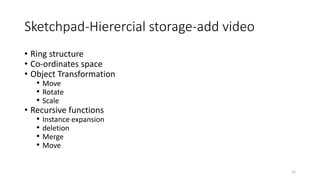 Sketchpad-Hierercial storage-add video
• Ring structure
• Co-ordinates space
• Object Transformation
• Move
• Rotate
• Scale
• Recursive functions
• Instance expansion
• deletion
• Merge
• Move
12
 