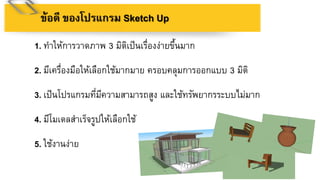 1. ทาให้การวาดภาพ 3 มิติเป็นเรื่องง่ายขึ้นมาก
2. มีเครื่องมือให้เลือกใช้มากมาย ครอบคลุมการออกแบบ 3 มิติ
3. เป็นโปรแกรมที่มีความสามารถสูง และใช้ทรัพยากรระบบไม่มาก
4. มีโมเดลสาเร็จรูปให้เลือกใช้
5. ใช้งานง่าย
ข้อดี ของโปรแกรม Sketch Up
 