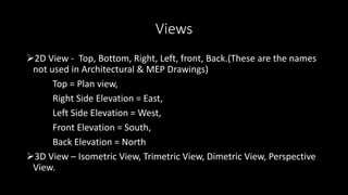 Views
2D View - Top, Bottom, Right, Left, front, Back.(These are the names
not used in Architectural & MEP Drawings)
Top = Plan view,
Right Side Elevation = East,
Left Side Elevation = West,
Front Elevation = South,
Back Elevation = North
3D View – Isometric View, Trimetric View, Dimetric View, Perspective
View.
 