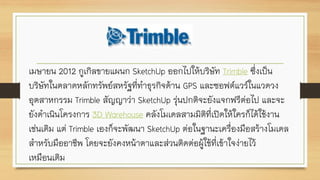 เมษายน 2012 กูเกิลขายแผนก SketchUp ออกไปให้บริษัท Trimble ซึ่งเป็น
บริษัทในตลาดหลักทรัพย์สหรัฐที่ทาธุรกิจด้าน GPS และซอฟต์แวร์ในแวดวง
อุตสาหกรรม Trimble สัญญาว่า SketchUp รุ่นปกติจะยังแจกฟรีต่อไป และจะ
ยังดาเนินโครงการ 3D Warehouse คลังโมเดลสามมิติที่เปิดให้ใครก็ได้ใช้งาน
เช่นเดิม แต่ Trimble เองก็จะพัฒนา SketchUp ต่อในฐานะเครื่องมือสร้างโมเดล
สาหรับมืออาชีพ โดยจะยังคงหน้าตาและส่วนติดต่อผู้ใช้ที่เข้าใจง่ายไว้
เหมือนเดิม
 