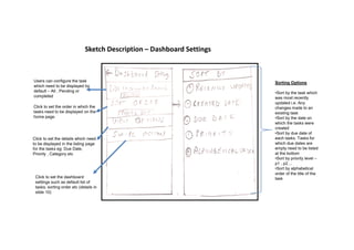 Sketch Description – Dashboard Settings
Users can configure the task
which need to be displayed by
default – All , Pending or
completed
Click to set the order in which the
tasks need to be displayed on the
home page.
Sorting Options
•Sort by the task which
was most recently
updated i.e. Any
changes made to an
existing task
•Sort by the date on
which the tasks were
Click to set the details which need
to be displayed in the listing page
for the tasks eg: Due Date,
Priority , Category etc
Click to set the dashboard
settings such as default list of
tasks, sorting order etc (details in
slide 10)
which the tasks were
created
•Sort by due date of
each tasks. Tasks for
which due dates are
empty need to be listed
at the bottom
•Sort by priority level –
p1 , p2....
•Sort by alphabetical
order of the title of the
task
 