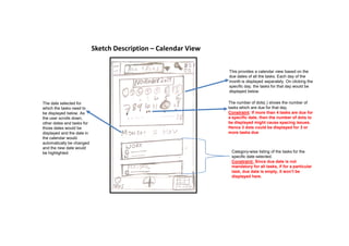 Sketch Description – Calendar View
This provides a calendar view based on the
due dates of all the tasks. Each day of the
month is displayed separately. On clicking the
specific day, the tasks for that day would be
displayed below.
The date selected for
which the tasks need to
be displayed below. As
the user scrolls down,
other dates and tasks for
The number of dots(.) shows the number of
tasks which are due for that day.
Constraint: If more than 4 tasks are due for
a specific date, then the number of dots to
be displayed might cause spacing issues.other dates and tasks for
those dates would be
displayed and the date in
the calendar would
automatically be changed
and the new date would
be highlighted Category-wise listing of the tasks for the
specific date selected.
Constraint: Since due date is not
mandatory for all tasks, if for a particular
task, due date is empty, it won’t be
displayed here.
be displayed might cause spacing issues.
Hence 3 dots could be displayed for 3 or
more tasks due
 