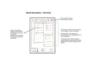 Sketch Description – Grid View
Click to go back to listing
view (as shown in slide-4)
All the tasks are listed and ordered based
on the category to which they belong.
A task is completed by
clicking on the check-box
and displayed as a strike-
The tasks within each category are
ordered based on the descending order of
their created date.
The background of individual category
sections would be covered with the image
uploaded for the specific category(as per
slide 8)
and displayed as a strike-
through text.
Clicking on the completed
tasks would mark them as
incompleted
 