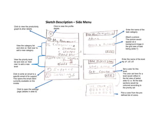 Sketch Description – Side Menu
Click to view the profile
details
Click to view the productivity
graph & other details Enter the name of the
task category
View the category list
and click on ‘Add new’ to
add a new category
Attach a picture .
This picture would
appear as a
background image in
the grid view of task
listing (slide 7)
Enter the name of the level
eg :p1, p2, p3
View the priority level
list and click on ‘Add
new’ to add a new
level
Click to open the settings
page (details in slide 9)
Click to write an email to a
specific email id for support.
This opens the email client
currently available on the
mobile
Set a color for this
level.
The color set here for a
level would reflect in
the list view of tasks(
slide 4) i.e. All the task
sections would be
coloured according to
the priority set
Pick a color from the pre-
defined list of colors
 