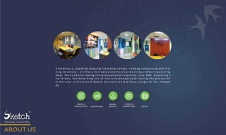 A m a d h o u s e , d ea dl i nes da ng l ing f ro m d e sk c or ners, ru n ni ng a nd p u n ni ng a n d ch ur
ni ng s ol uti o ns – a l l t h e s e to cr ea te s o m e h e a r t w r e n c h i n g a nd bra i n p u n c h i ng
ideas. Tha t ’s S k et c h - havi ng t h e s a m e p urs ui t of c r ea t i v i ty s i nce 1991 . G r oo m i n g n
e w ta l ents, b ra i nst or m i ng o u t - of - t h e - b o x c o n c e p t s a nd i nfusi ng t h e pa ss i o n fo r
cr ea t i v i ty - is t h e s t y l e of Sketc h. O n c e y o u w o r k w i t h us , y o u g e t to l ive i nnovati
on.
 