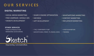 O U R S E R V I C ES
DIGITAL MARKETING
• TVC/ CORPORATE FILM
• ADVERTISING ( PRINT, TV, RADIO, OOH)
• EVENT &EXHIBITION
• TRAINING
• SOCIAL MEDIA MARKETING
• PAID CAMPAIGN- GOOGLE ADS
• WEBSITE DEVELOPMENT
• SEARCH ENGINE OPTIMIZATION
• AR/VR/AI
• APP DEVELOPMENT
• WHATSAPP/SMS MARKETING
• CONTENT MARKETING
• INFLUENCER MARKETING
OTHER SERVICES
• PRINT & PRODUCTION
• BRANDING & DESIGNING
 