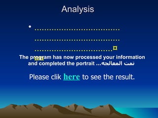 Analysis  ......................................................................................................¤¤¤ The program has now processed your information and completed the portrait  … تمت المعالجه  Please clik  here   to see the result. 