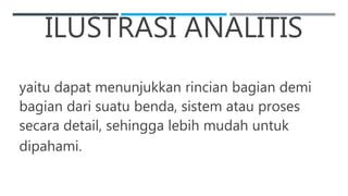 ILUSTRASI ANALITIS
yaitu dapat menunjukkan rincian bagian demi
bagian dari suatu benda, sistem atau proses
secara detail, sehingga lebih mudah untuk
dipahami.
 