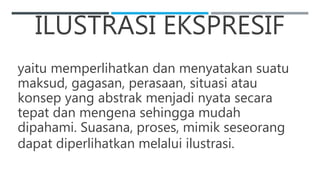 ILUSTRASI EKSPRESIF
yaitu memperlihatkan dan menyatakan suatu
maksud, gagasan, perasaan, situasi atau
konsep yang abstrak menjadi nyata secara
tepat dan mengena sehingga mudah
dipahami. Suasana, proses, mimik seseorang
dapat diperlihatkan melalui ilustrasi.
 