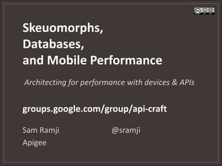 Skeuomorphs,
Databases,
and Mobile Performance
Architecting for performance with devices & APIs


groups.google.com/group/api-craft

Sam Ramji               @sramji
Apigee
 