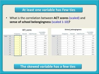 • What is the correlation between ACT scores (scaled) and
sense of school belongingness (scaled 1-10)?
At least one variable has Few ties
The skewed variable has a few ties
ACT_scores
 