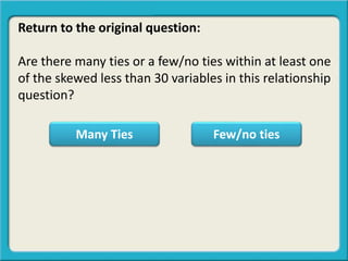 Return to the original question:
Are there many ties or a few/no ties within at least one
of the skewed less than 30 variables in this relationship
question?
Many Ties Few/no ties
 