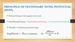 PRINCIPLE OF STATIONARY TOTAL POTENTIAL
(PSTP)
 Potential Energy is the capacity to do work.
 Total Potential Energy = Internal Potential Energy + External Potential Energy
 Principle of minimum potential energy
Equilibrium = Πtotal is stationary , Viz –
𝑥∂Πtotal
𝜕ᵶ
= 0
3
 