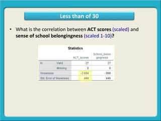 • What is the correlation between ACT scores (scaled) and
sense of school belongingness (scaled 1-10)?
Less than of 30
 