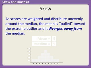 Skew
As scores are weighted and distribute unevenly
around the median, the mean is “pulled” toward
the extreme outlier and it diverges away from
the median.
1 2 3 4 5 6 7 8 9
1
2
3
4
5
5
5
Mean =
Median =
Skew and Kurtosis
 