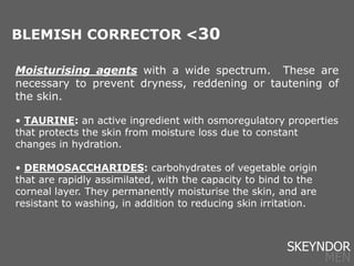 BLEMISH CORRECTOR <30
Moisturising agents with a wide spectrum. These are
necessary to prevent dryness, reddening or tautening of
the skin.
• TAURINE: an active ingredient with osmoregulatory properties
that protects the skin from moisture loss due to constant
changes in hydration.
• DERMOSACCHARIDES: carbohydrates of vegetable origin
that are rapidly assimilated, with the capacity to bind to the
corneal layer. They permanently moisturise the skin, and are
resistant to washing, in addition to reducing skin irritation.
SKEYNDOR
MEN
 