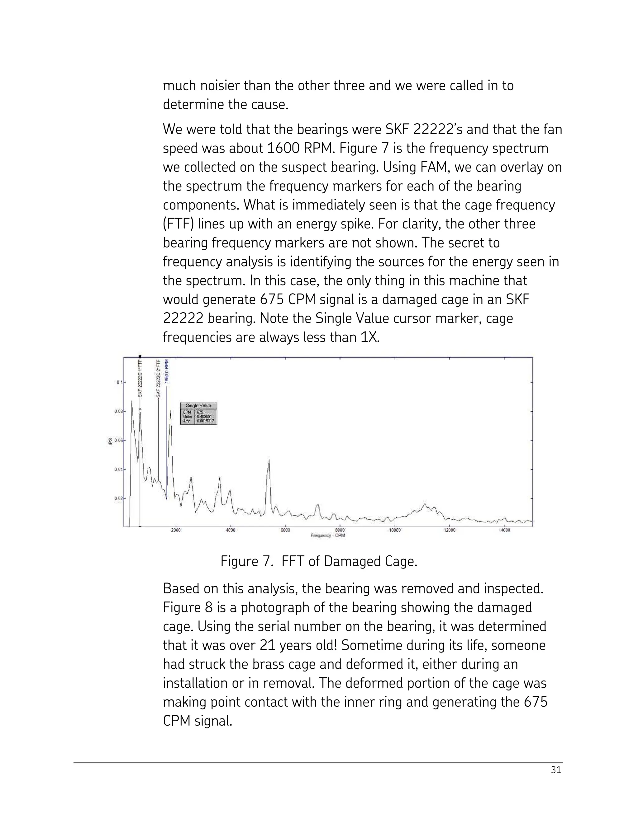 31
much noisier than the other three and we were called in to
determine the cause.
We were told that the bearings were SKF 22222’s and that the fan
speed was about 1600 RPM. Figure 7 is the frequency spectrum
we collected on the suspect bearing. Using FAM, we can overlay on
the spectrum the frequency markers for each of the bearing
components. What is immediately seen is that the cage frequency
(FTF) lines up with an energy spike. For clarity, the other three
bearing frequency markers are not shown. The secret to
frequency analysis is identifying the sources for the energy seen in
the spectrum. In this case, the only thing in this machine that
would generate 675 CPM signal is a damaged cage in an SKF
22222 bearing. Note the Single Value cursor marker, cage
frequencies are always less than 1X.
Figure 7. FFT of Damaged Cage.
Based on this analysis, the bearing was removed and inspected.
Figure 8 is a photograph of the bearing showing the damaged
cage. Using the serial number on the bearing, it was determined
that it was over 21 years old! Sometime during its life, someone
had struck the brass cage and deformed it, either during an
installation or in removal. The deformed portion of the cage was
making point contact with the inner ring and generating the 675
CPM signal.
 