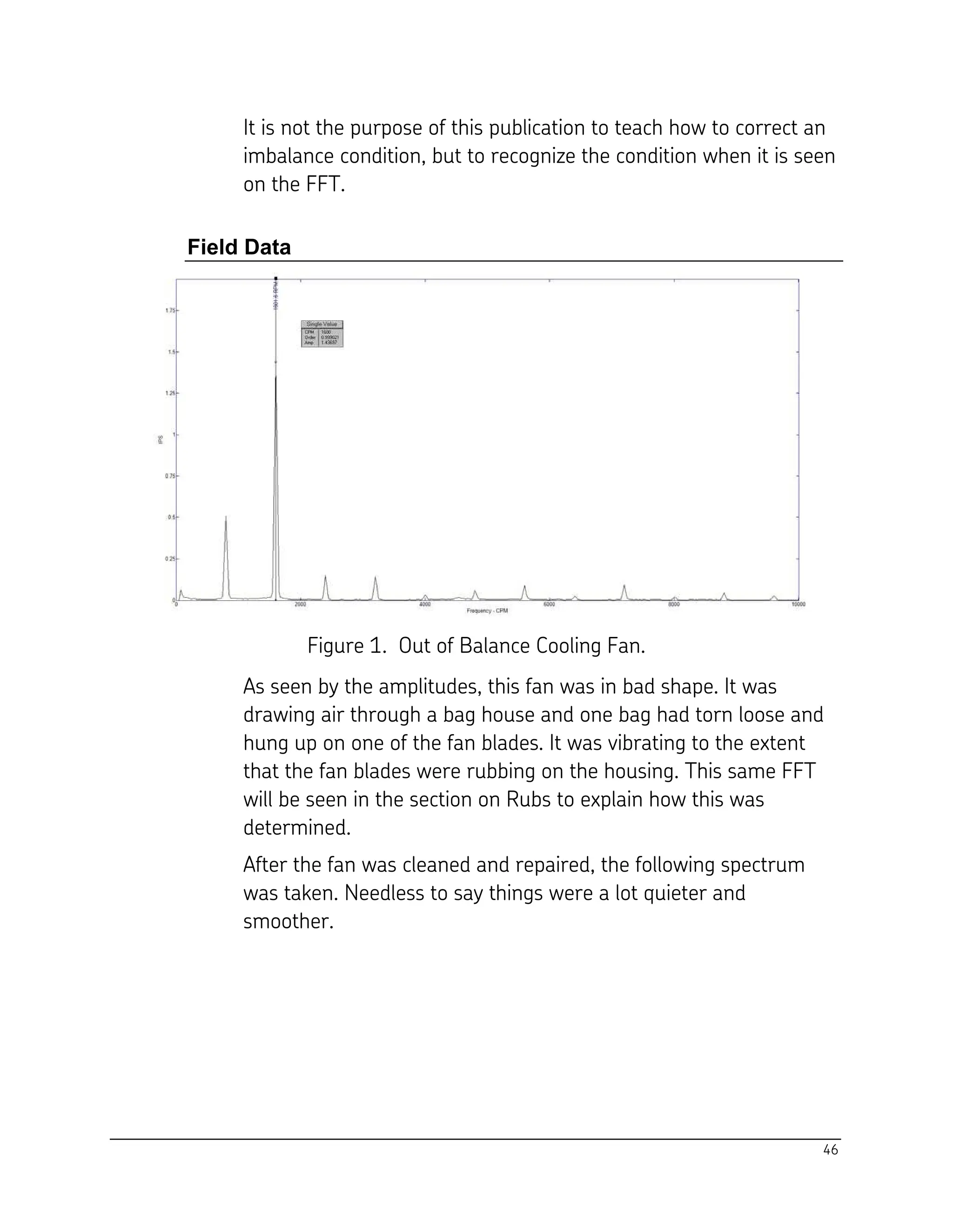 46
It is not the purpose of this publication to teach how to correct an
imbalance condition, but to recognize the condition when it is seen
on the FFT.
Field Data
Figure 1. Out of Balance Cooling Fan.
As seen by the amplitudes, this fan was in bad shape. It was
drawing air through a bag house and one bag had torn loose and
hung up on one of the fan blades. It was vibrating to the extent
that the fan blades were rubbing on the housing. This same FFT
will be seen in the section on Rubs to explain how this was
determined.
After the fan was cleaned and repaired, the following spectrum
was taken. Needless to say things were a lot quieter and
smoother.
 