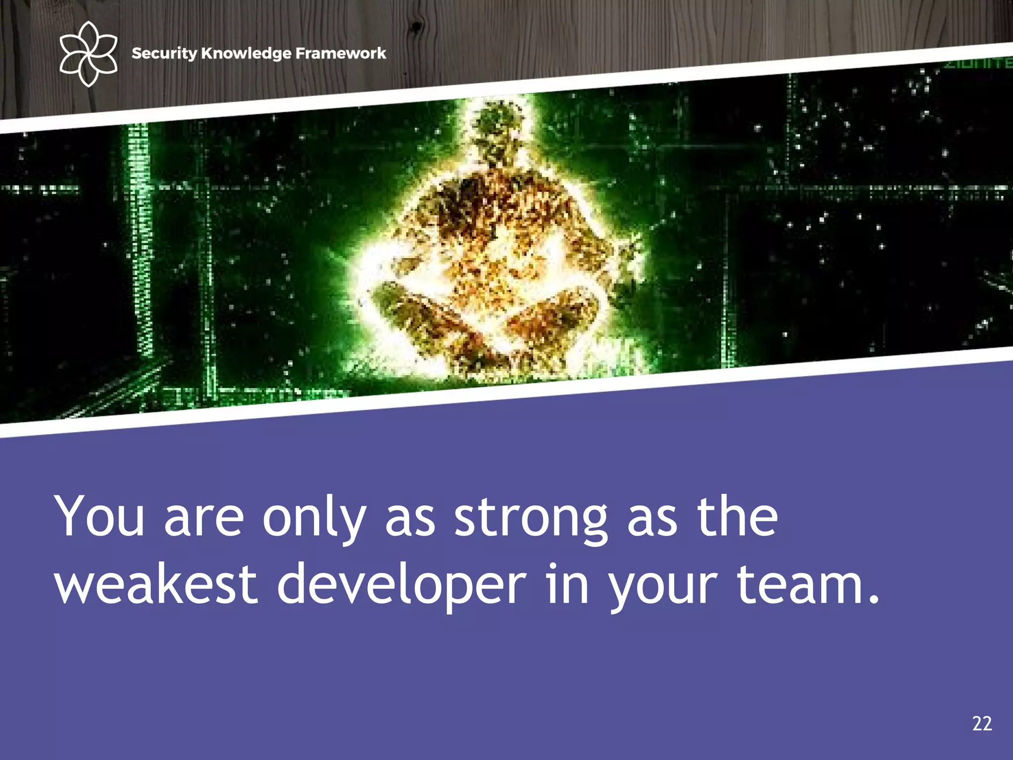 Agenda
• Why?
• Software (AND Security) development life cycle
22
You are only as strong as the
weakest developer in your team.
22
 