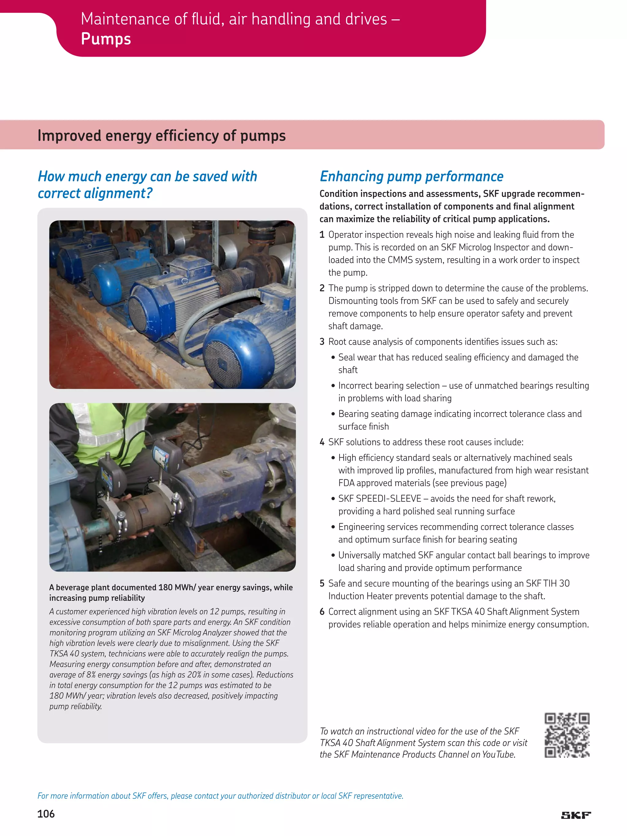 Maintenance of fluid, air handling and drives –
Pumps

Improved energy efficiency of pumps
How much energy can be saved with
correct alignment?

Enhancing pump performance
Condition inspections and assessments, SKF upgrade recommendations, correct installation of components and final alignment
can maximize the reliability of critical pump applications.
1	 Operator inspection reveals high noise and leaking fluid from the
pump. This is recorded on an SKF Microlog Inspector and downloaded into the CMMS system, resulting in a work order to inspect
the pump.
2	 The pump is stripped down to determine the cause of the problems.
Dismounting tools from SKF can be used to safely and securely
remove components to help ensure operator safety and prevent
shaft damage.
3	 Root cause analysis of components identifies issues such as:
•	Seal wear that has reduced sealing efficiency and damaged the
shaft
•	Incorrect bearing selection – use of unmatched bearings resulting
in problems with load sharing
•	Bearing seating damage indicating incorrect tolerance class and
surface finish
4	 SKF solutions to address these root causes include:
•	High efficiency standard seals or alternatively machined seals
with improved lip profiles, manufactured from high wear resistant
FDA approved materials (see previous page)
•	SKF SPEEDI-SLEEVE – avoids the need for shaft rework,
providing a hard polished seal running surface
•	Engineering services recommending correct tolerance classes
and optimum surface finish for bearing seating
•	Universally matched SKF angular contact ball bearings to improve
load sharing and provide optimum performance

A beverage plant documented 180 MWh/ year energy savings, while
increasing pump reliability
A customer experienced high vibration levels on 12 pumps, resulting in
excessive consumption of both spare parts and energy. An SKF condition
monitoring program utilizing an SKF Microlog Analyzer showed that the
high vibration levels were clearly due to misalignment. Using the SKF
TKSA 40 system, technicians were able to accurately realign the pumps.
Measuring energy consumption before and after, demonstrated an
average of 8% energy savings (as high as 20% in some cases). Reductions
in total energy consumption for the 12 pumps was estimated to be
180 MWh/ year; vibration levels also decreased, positively impacting
pump reliability.

5	 Safe and secure mounting of the bearings using an SKF TIH 30
Induction Heater prevents potential damage to the shaft.
6	 Correct alignment using an SKF TKSA 40 Shaft Alignment System
provides reliable operation and helps minimize energy consumption.

To watch an instructional video for the use of the SKF
TKSA 40 Shaft Alignment System scan this code or visit
the SKF Maintenance Products Channel on YouTube.

For more information about SKF offers, please contact your authorized distributor or local SKF representative.

106

 