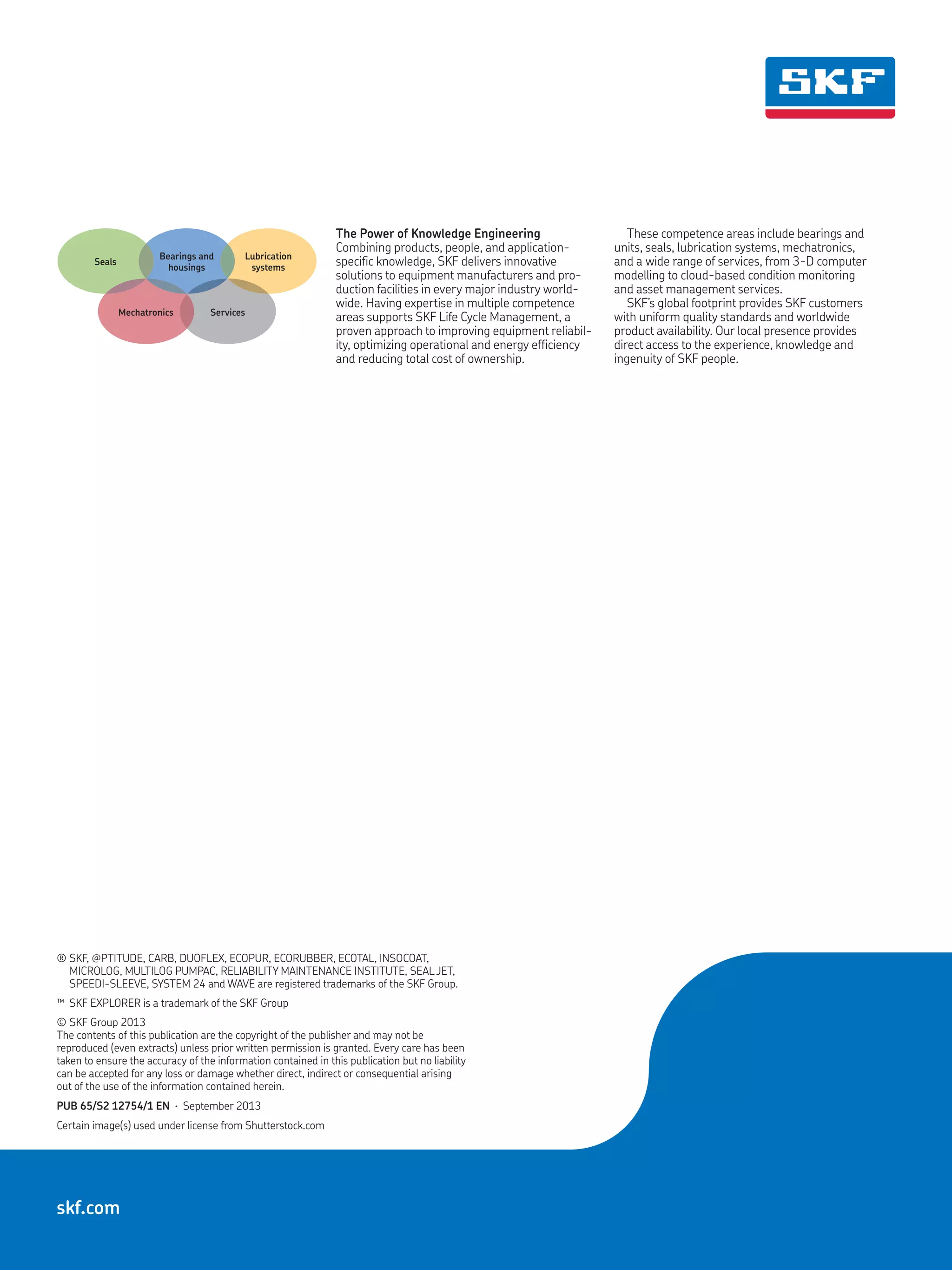 Seals

Mechatronics

Lubrication
systems

Services

The Power of Knowledge Engineering
Combining products, people, and applicationspecific knowledge, SKF delivers innovative
solutions to equipment manufacturers and production facilities in every major industry worldwide. Having expertise in multiple competence
areas supports SKF Life Cycle Management, a
proven approach to improving equipment reliability, optimizing operational and energy efficiency
and reducing total cost of ownership.

These competence areas include bearings and
units, seals, lubrication systems, mechatronics,
and a wide range of services, from 3-D computer
modelling to cloud-based condition monitoring
and asset management services.
SKF’s global footprint provides SKF customers
with uniform quality standards and worldwide
product availability. Our local presence provides
direct access to the experience, knowledge and
ingenuity of SKF people.

SKF BeyondZero is more than our climate strategy
for a sustainable environment: it is our mantra; a
way of thinking, innovating and acting.
For us, SKF BeyondZero means that we will
reduce the negative environmental impact from
our own operations and at the same time, increase
the positive environmental contribution by offering

Bearings and
housings

our customers the SKF BeyondZero portfolio of
products and services with enhanced environmental performance characteristics.
For inclusion in the SKF BeyondZero portfolio,
a product, service or solution must deliver significant environmental benefits without serious
environmental trade-offs.

®	SKF, @PTITUDE, CARB, DUOFLEX, ECOPUR, ECORUBBER, ECOTAL, INSOCOAT,
MICROLOG, MULTILOG PUMPAC, RELIABILITY MAINTENANCE INSTITUTE, SEAL JET,
SPEEDI-SLEEVE, SYSTEM 24 and WAVE are registered trademarks of the SKF Group.
™	 SKF EXPLORER is a trademark of the SKF Group
©	SKF Group 2013
The contents of this publication are the copyright of the publisher and may not be
reproduced (even extracts) unless prior written permission is granted. Every care has been
taken to ensure the accuracy of the information contained in this publication but no liability
can be accepted for any loss or damage whether direct, indirect or consequential arising
out of the use of the information contained herein.
PUB 65/S2 12754/1 EN · September 2013
Certain image(s) used under license from Shutterstock.com

skf.com

 