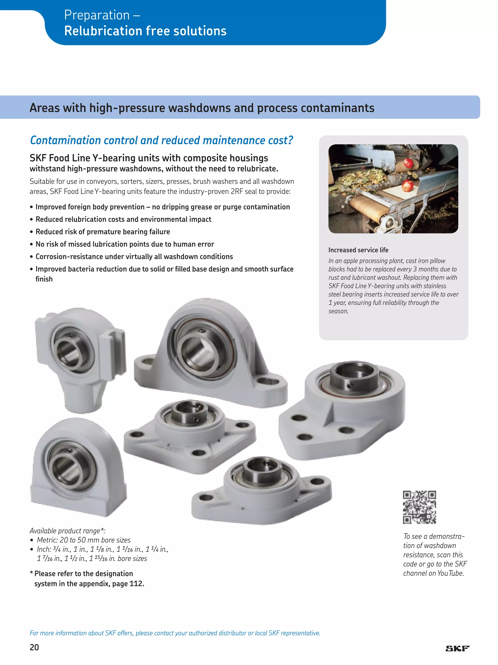 Preparation –
Relubrication free solutions

Areas with high-pressure washdowns and process contaminants
Contamination control and reduced maintenance cost?
SKF Food Line Y-bearing units with composite housings

withstand high-pressure washdowns, without the need to relubricate.
Suitable for use in conveyors, sorters, sizers, presses, brush washers and all washdown
areas, SKF Food Line Y-bearing units feature the industry-proven 2RF seal to provide:
•	Improved foreign body prevention – no dripping grease or purge contamination
•	Reduced relubrication costs and environmental impact
•	Reduced risk of premature bearing failure
•	No risk of missed lubrication points due to human error
•	Corrosion-resistance under virtually all washdown conditions
•	Improved bacteria reduction due to solid or filled base design and smooth surface
finish

Available product range*:
•	 Metric: 20 to 50 mm bore sizes
•	 Inch: 3/4 in., 1 in., 1 1/8 in., 1 1/16 in., 1 1/4 in.,
1 7/16 in., 1 1/2 in., 1 15/16 in. bore sizes
*	Please refer to the designation
system in the appendix, page 112.

For more information about SKF offers, please contact your authorized distributor or local SKF representative.

20

Increased service life
In an apple processing plant, cast iron pillow
blocks had to be replaced every 3 months due to
rust and lubricant washout. Replacing them with
SKF Food Line Y-bearing units with stainless
steel bearing inserts increased service life to over
1 year, ensuring full reliability through the
season.

To see a demonstration of washdown
resistance, scan this
code or go to the SKF
channel on YouTube.

 