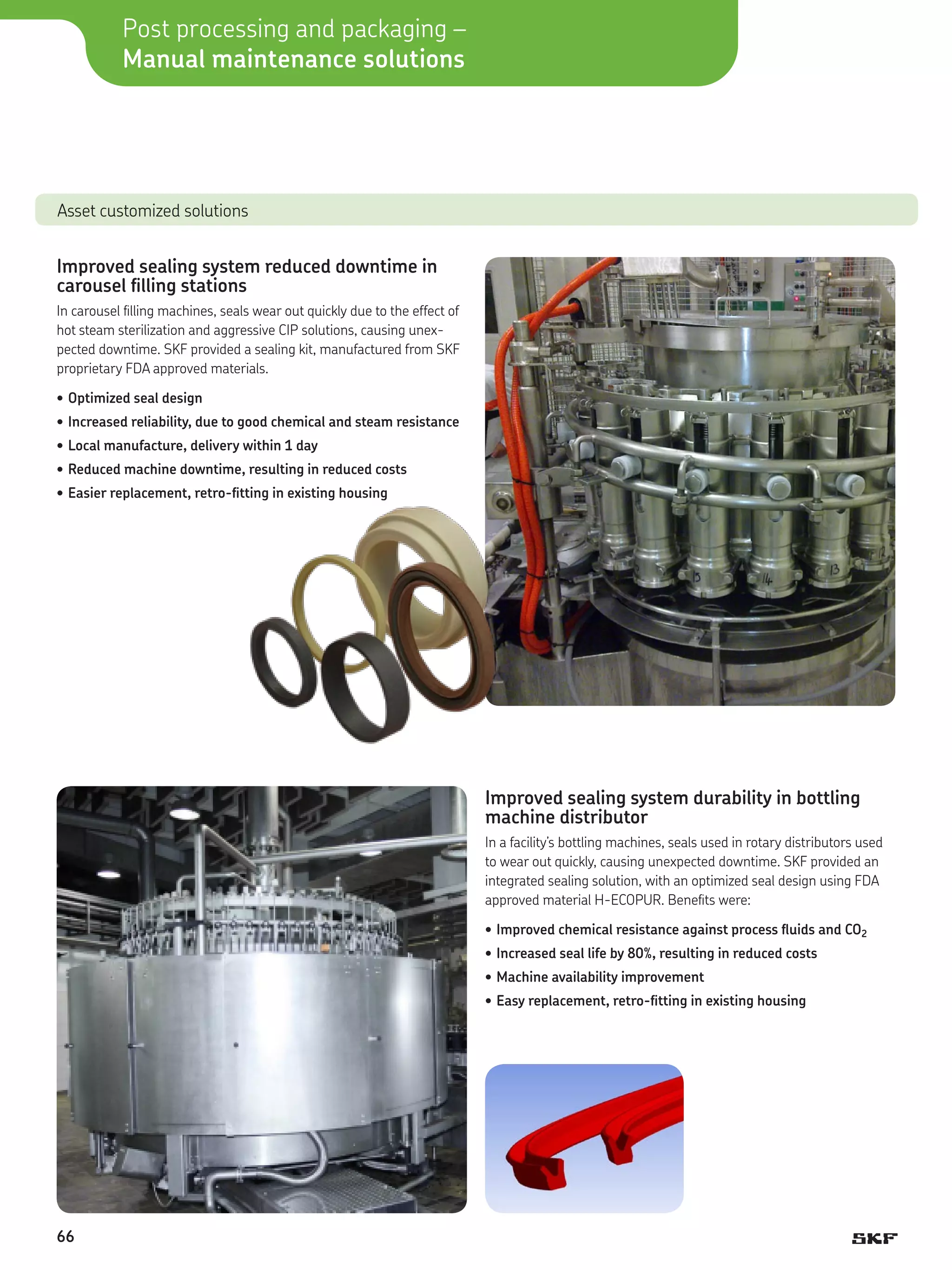 Post processing and packaging –
Manual maintenance solutions

Asset customized solutions

Improved sealing system reduced downtime in
carousel filling stations
In carousel filling machines, seals wear out quickly due to the effect of
hot steam sterilization and aggressive CIP solutions, causing unexpected downtime. SKF provided a sealing kit, manufactured from SKF
proprietary FDA approved materials.
•	Optimized seal design
•	Increased reliability, due to good chemical and steam resistance
•	Local manufacture, delivery within 1 day
•	Reduced machine downtime, resulting in reduced costs
•	Easier replacement, retro-fitting in existing housing

Improved sealing system durability in bottling
machine distributor
In a facility’s bottling machines, seals used in rotary distributors used
to wear out quickly, causing unexpected downtime. SKF provided an
integrated sealing solution, with an optimized seal design using FDA
approved material H-ECOPUR. Benefits were:
•	Improved chemical resistance against process fluids and CO2
•	Increased seal life by 80%, resulting in reduced costs
•	Machine availability improvement
•	Easy replacement, retro-fitting in existing housing

66

 