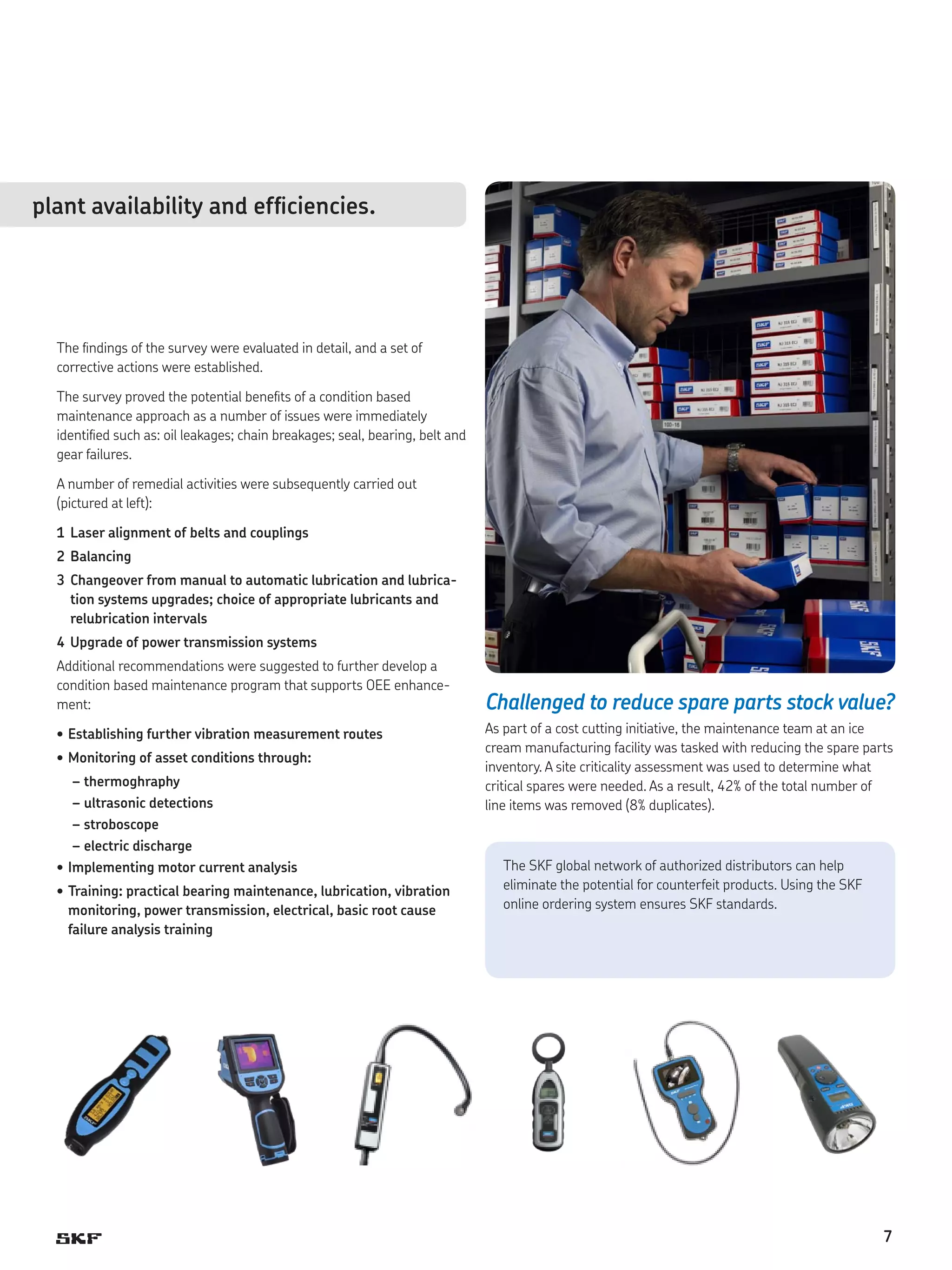 plant availability and efficiencies.

The findings of the survey were evaluated in detail, and a set of
corrective actions were established.
The survey proved the potential benefits of a condition based
maintenance approach as a number of issues were immediately
identified such as: oil leakages; chain breakages; seal, bearing, belt and
gear failures.
A number of remedial activities were subsequently carried out
(pictured at left):
1	 Laser alignment of belts and couplings
2	 Balancing
3	 Changeover from manual to automatic lubrication and lubrication systems upgrades; choice of appropriate lubricants and
relubrication intervals
4	 Upgrade of power transmission systems
Additional recommendations were suggested to further develop a
condition based maintenance program that supports OEE enhancement:
•	Establishing further vibration measurement routes
•	Monitoring of asset conditions through:
––thermoghraphy
––ultrasonic detections
––stroboscope
––electric discharge
•	Implementing motor current analysis
•	Training: practical bearing maintenance, lubrication, vibration
monitoring, power transmission, electrical, basic root cause
failure analysis training

Challenged to reduce spare parts stock value?
As part of a cost cutting initiative, the maintenance team at an ice
cream manufacturing facility was tasked with reducing the spare parts
inventory. A site criticality assessment was used to determine what
critical spares were needed. As a result, 42% of the total number of
line items was removed (8% duplicates).

The SKF global network of authorized distributors can help
eliminate the potential for counterfeit products. Using the SKF
online ordering system ensures SKF standards.

7

 