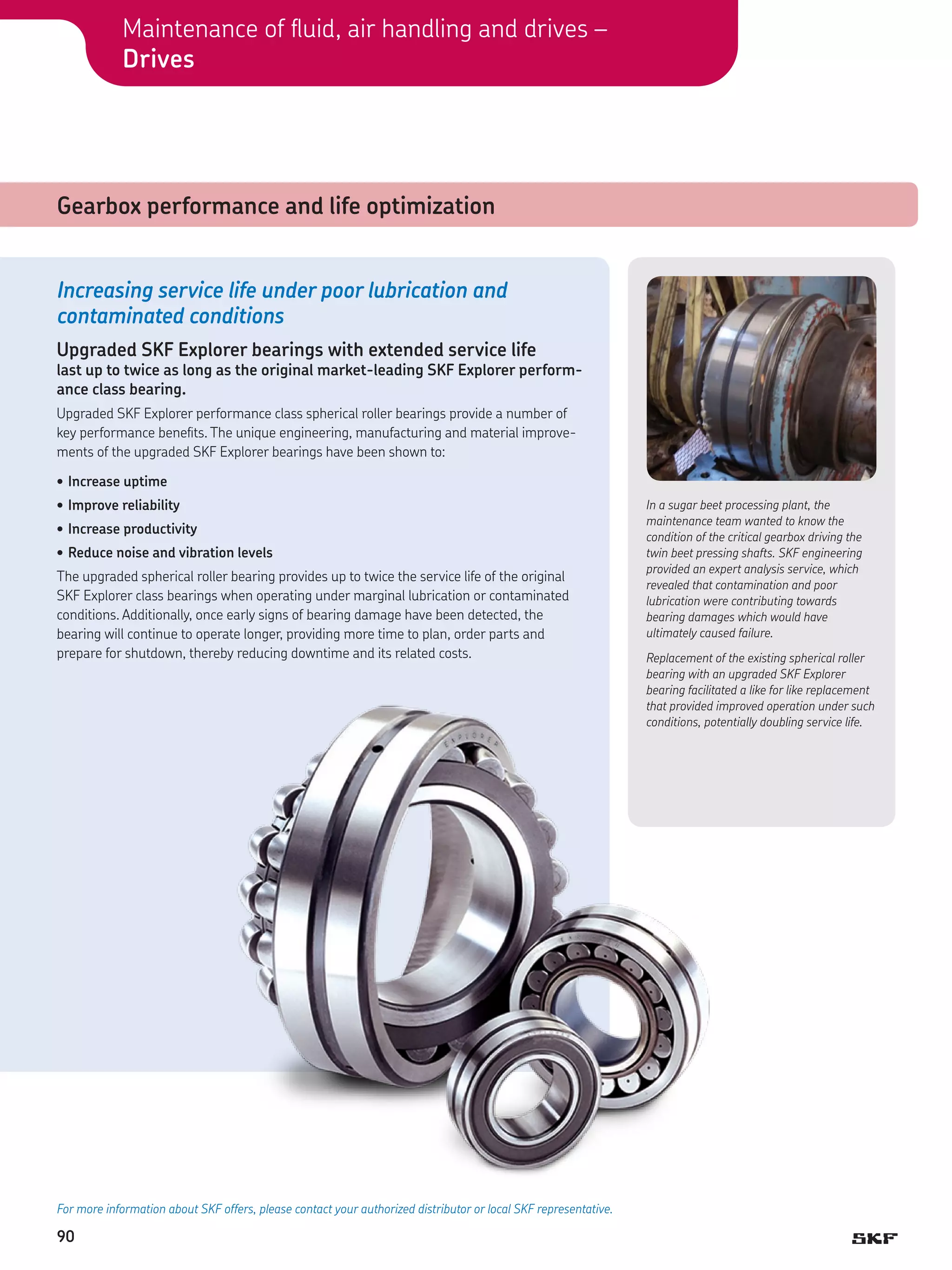 Maintenance of fluid, air handling and drives –
Drives

Gearbox performance and life optimization
Increasing service life under poor lubrication and
c
­ ontaminated conditions
Upgraded SKF Explorer bearings with extended service life

last up to twice as long as the original market-leading SKF Explorer performance class bearing.
Upgraded SKF Explorer performance class spherical roller bearings provide a number of
key performance benefits. The unique engineering, manufacturing and material improvements of the upgraded SKF Explorer bearings have been shown to:
•	Increase uptime
•	Improve reliability
•	Increase productivity
•	Reduce noise and vibration levels
The upgraded spherical roller bearing provides up to twice the service life of the original
SKF Explorer class bearings when operating under marginal lubrication or contaminated
conditions. Additionally, once early signs of bearing damage have been detected, the
bearing will continue to operate longer, providing more time to plan, order parts and
prepare for shutdown, thereby reducing downtime and its related costs.

For more information about SKF offers, please contact your authorized distributor or local SKF representative.

90

In a sugar beet processing plant, the
maintenance team wanted to know the
condition of the critical gearbox driving the
twin beet pressing shafts. SKF engineering
provided an expert analysis service, which
revealed that contamination and poor
lubrication were contributing towards
bearing damages which would have
ultimately caused failure.
Replacement of the existing spherical roller
bearing with an upgraded SKF Explorer
bearing facilitated a like for like replacement
that provided improved operation under such
conditions, potentially doubling service life.

 