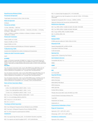 Especificaciones Wireless & Radio
Frecuencias de Operación
Triple Radio Concurrente 2.4 GHz, 5 GHz, & 6 GHz
Modos de Operación
AP, Mesh
Frecuencias de Radio
2.4 GHz: 2400 MHz ~ 2482 GHz
5 GHz: 5150 MHz ~ 5250 MHz, 5250 MHz ~ 5350 MHz, 5470 MHz ~ 5725 MHz,
5725 MHz ~ 5850 MHz
6 GHz: 5.925GHz~6.425GHz, 6.425GHz~6.525GHz, 6.525GHz~6.875GHz,
.6875GHz~7.125GHz
Potencia de Transmisión
Hasta 23 dBm on 2.4 GHz
Hasta to 23 dBm on 5 GHz
Hasta 23 dBm on 6 GHz
(La potencia máxima está limitada por el dominio regulatorio)
Tx Beamforming (TxBF)
Aumento de la fiabilidad de la señal y la distancia de transmisión
Cadenas de radio/Transmisión espacial
4x4:4
SU-MIMO
Cuatro (4) streams espaciales SU-MIMO for 2.4GHz, Four (4) spatial stream SU-
MIMO for 5GHz and Four (4) spatial stream SU-MIMO for 6GHz up to 8,400 Mbps
wireless data rate to a single wireless client device under 2.4 GHz, 5 GHz, and 6 GHz
radios.
MU-MIMO
Four (4) streams espaciales multi-usuario (MU-MIMO hasta 4800 Mbps tasa de
datos inalámbricos para transmitir a dos (2) streams MU-MIMO dispositivos
cliente inalámbricos compatibles con 11ax bajo 6GHz simultaneamente.
Four (4) streams espaciales multi-usuario (MU)-MIMO hasta 2400 Mbps tasa de
datos inalámbricos para transmitir a dos (2) streams MU-MIMO dispositivos
cliente inalámbricos compatibles con 11ax bajo 5GHz simultaneamente.
Four (4) streams espaciales multi-usuario (MU)-MIMO hasta 1148 Mbps tasa de
datos inalámbricos para transmitir a dos (2) streams MU-MIMO dispositivos
cliente inalámbricos compatibles con 11ax bajo 2.4GHz simultaneamente.
Ratios de Datos Soportados (Mbps):
802.11ax:
6 GHz: 18 to 4800 (MCS0 to MSC13, NSS = 1 to 4)
5 GHz: 18 to 2400 (MCS0 to MSC11, NSS = 1 to 4)
2.4 GHz: 9 to 1148 (MCS0 to MCS11, NSS = 1 to 4)
802.11ac: 6.5 to 1733 Mbps (MCS0 to MCS9, NSS = 1 to 4)
802.11n: 6.5 to 600 Mbps (MCS0 to MCS15)
802.11a/g: 6, 9, 12, 18, 36, 48, 54
802.11b: 1, 2, 5.5, 11
Tecnologías de Radio Soportadas
802.11ax: Orthogonal Frequency Division Multiple Access (OFDMA)
802.11ac/a/g/n: Orthogonal Frequency Division Multiple (OFDM)
802.11b: Direct-sequence spread-spectrum (DSSS)
Canalización
802.11ax soporta high efficiency (HE) —HE 20/40/80/160 (6GHz only) MHz
802.11ac soporta very high throughput (VHT) —VHT 20/40/80 MHz
802.11n soporta high throughput (HT) —HT 20/40 MHz
802.11n soporta very high throughput en la radio de 2.4GHz –VHT40 MHz
(256-QAM)
Agregación de paquetes 802.11n/ac/ax : A-MPDU, A-SPDU
Selección Dinámica de Frecuencias Certificada (DFS)
Modulaciones Soportadas
802.11ax: BPSK, QPSK, 16-QAM, 64-QAM, 256-QAM, 1024-QAM
802.11ac: BPSK, QPSK, 16-QAM, 64-QAM, 256-QAM
802.11a/g/n: BPSK, QPSK, 16-QAM, 64-QAM
802.11b: BPSK, QPSK, CCK
Gestión
Multiples BSSID
8 SSIDs para las radios de 2.4GHz, 5GHz, & 6 GHz
Etiquetado VLAN
Soporte etiquetado 802.1q SSID-to-VLAN
Cross-Band VLAN Pass-Through
VLAN de Gestión
Spanning Tree
Supports 802.1d Spanning Tree Protocol
QoS (Calidad de Servicio)
Compatible IEEE 802.11e
WMM
SNMP
v1, v2c, v3
MIB
I/II, Private MIB
Seguridad Wireless
WPA3 Enterprise
WPA3-PSK (SAE)
WPA3/WPA2-PSK Mixed
WPA2 Enterprise
WPA2 AES-PSK
Ocultar SSID en balizas
Filtrado direcciones MAC, hasta 256 MACs por SSID
Lista de Clientes Conectados Wireless STA
Tunel SSH
Aislamiento de Clientes
Aislamiento L2
Características Ambientales y Físicas
Rango de Temperaturas
Operación: 32ºF~104ºF (0ºC~40ºC)
Almacenaje: -40ºF~176 ºF (-40ºC~80ºC)
Humedad (no condensación)
Operación: 90% o menor
 