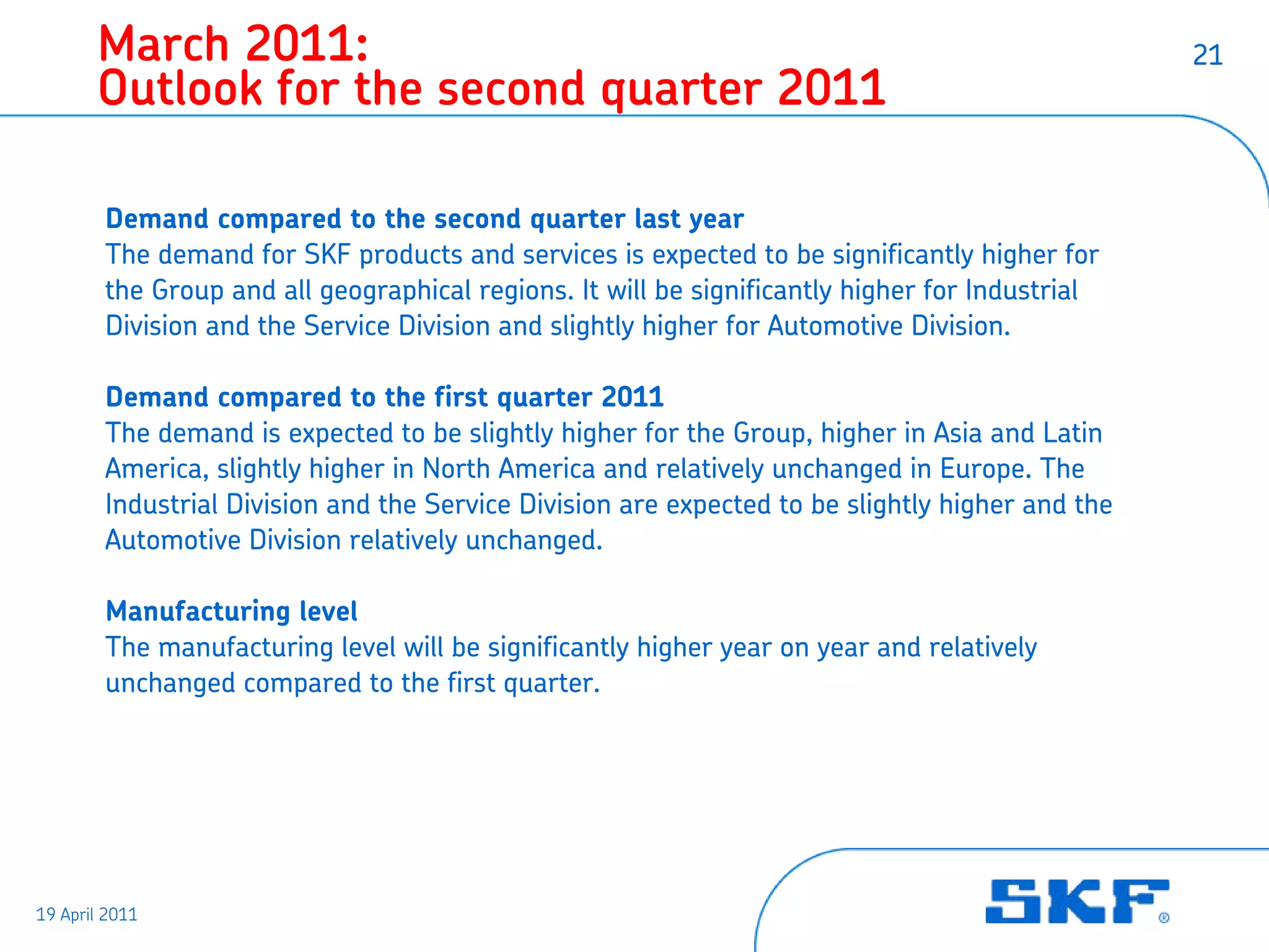 March 2011:                                                                                21
       Outlook for the second quarter 2011

        Demand compared to the second quarter last year
        The demand for SKF products and services is expected to be significantly higher for
        the Group and all geographical regions. It will be significantly higher for Industrial
        Division and the Service Division and slightly higher for Automotive Division.

        Demand compared to the first quarter 2011
        The demand is expected to be slightly higher for the Group, higher in Asia and Latin
        America, slightly higher in North America and relatively unchanged in Europe. The
        Industrial Division and the Service Division are expected to be slightly higher and the
        Automotive Division relatively unchanged.

        Manufacturing level
        The manufacturing level will be significantly higher year on year and relatively
        unchanged compared to the first quarter.




19 April 2011
 