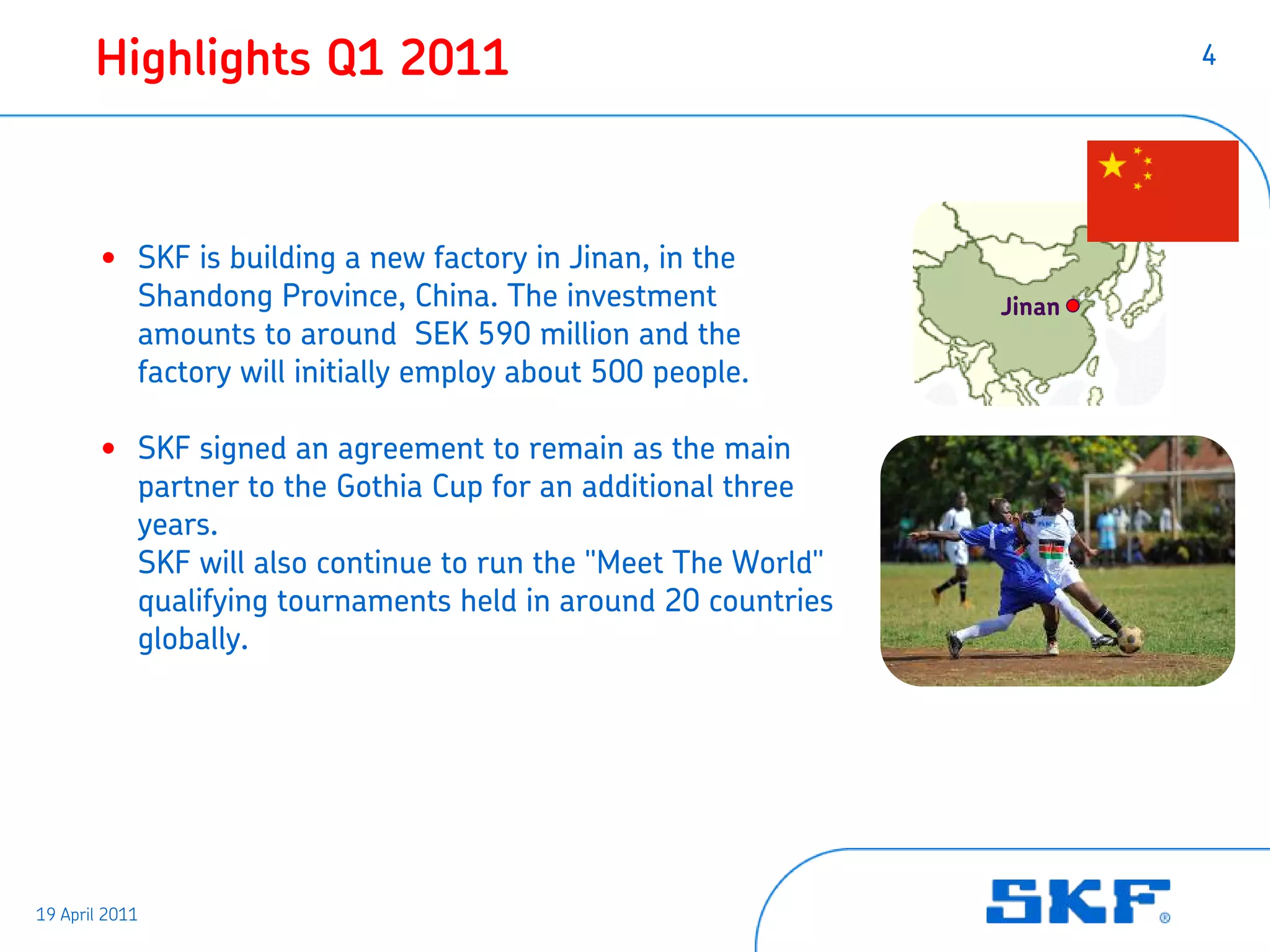 Highlights Q1 2011                                              4




        • SKF is building a new factory in Jinan, in the
          Shandong Province, China. The investment             Jinan
          amounts to around SEK 590 million and the
          factory will initially employ about 500 people.

        • SKF signed an agreement to remain as the main
          partner to the Gothia Cup for an additional three
          years.
          SKF will also continue to run the "Meet The World"
          qualifying tournaments held in around 20 countries
          globally.




19 April 2011
 