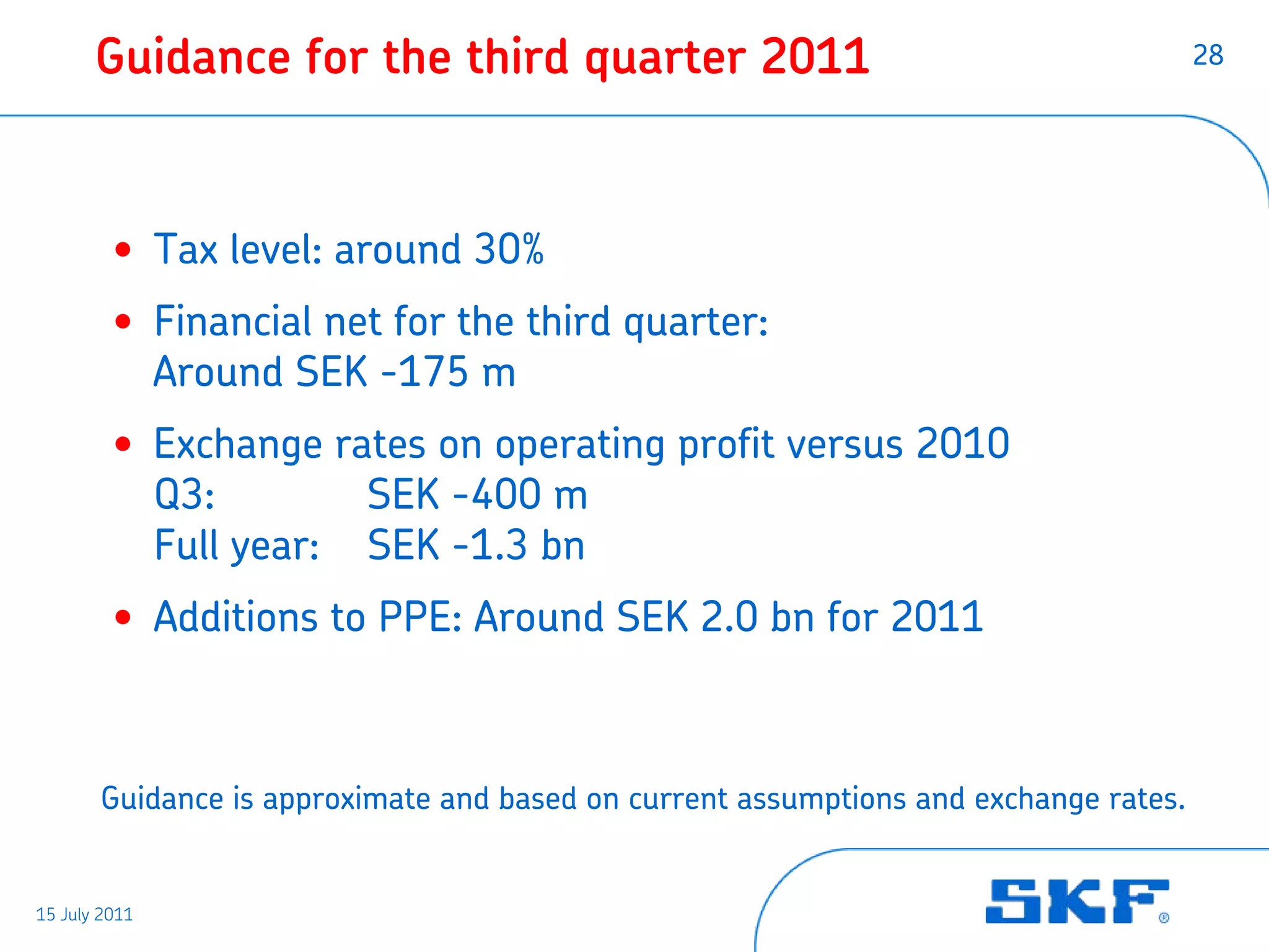 Guidance for the third quarter 2011                                            28




         • Tax level: around 30%
         • Financial net for the third quarter:
           Around SEK -175 m
         • Exchange rates on operating profit versus 2010
           Q3:        SEK -400 m
           Full year: SEK -1.3 bn
         • Additions to PPE: Around SEK 2.0 bn for 2011



       Guidance is approximate and based on current assumptions and exchange rates.


15 July 2011
 