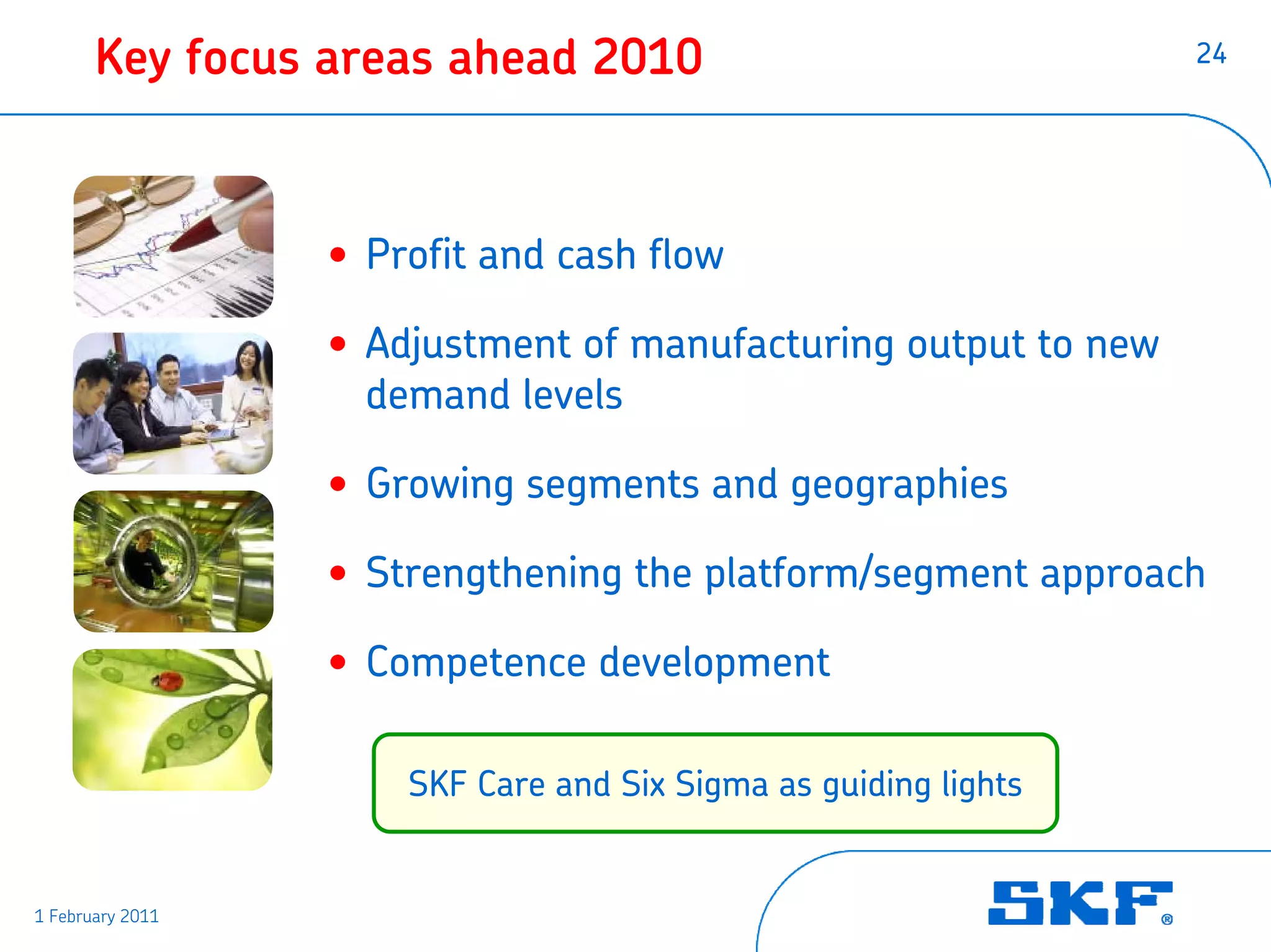 Key focus areas ahead 2010                                24




                  • Profit and cash flow

                  • Adjustment of manufacturing output to new
                    demand levels

                  • Growing segments and geographies

                  • Strengthening the platform/segment approach

                  • Competence development

                      SKF Care and Six Sigma as guiding lights


1 February 2011
 