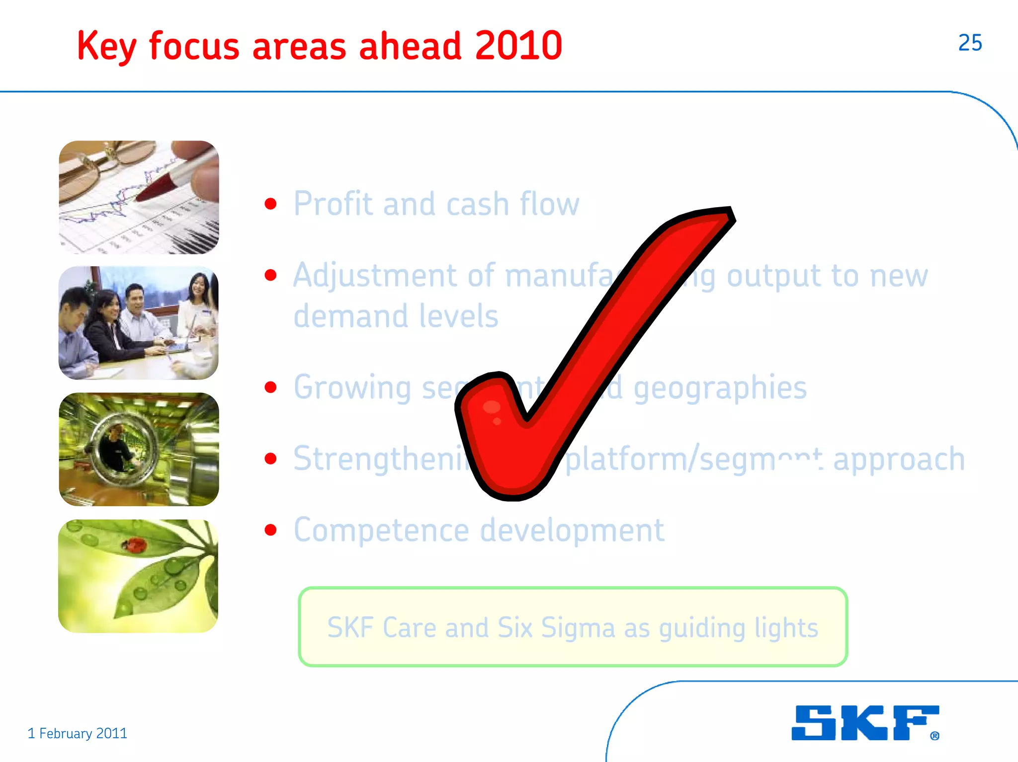 Key focus areas ahead 2010                                25




                  • Profit and cash flow

                  • Adjustment of manufacturing output to new
                    demand levels

                  • Growing segments and geographies

                  • Strengthening the platform/segment approach

                  • Competence development

                      SKF Care and Six Sigma as guiding lights


1 February 2011
 