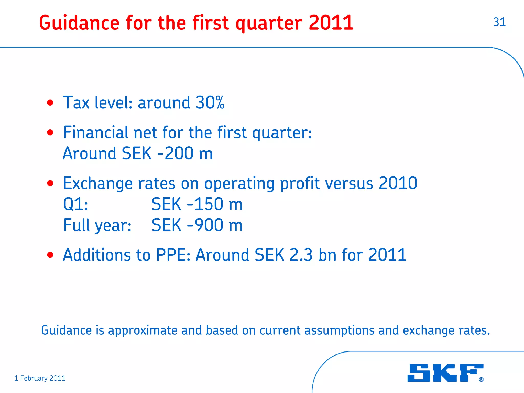 Guidance for the first quarter 2011                                            31




         • Tax level: around 30%
         • Financial net for the first quarter:
           Around SEK -200 m
         • Exchange rates on operating profit versus 2010
           Q1:        SEK -150 m
           Full year: SEK -900 m
         • Additions to PPE: Around SEK 2.3 bn for 2011



       Guidance is approximate and based on current assumptions and exchange rates.


1 February 2011
 