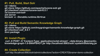 #1: Pull, Build, Start Solr
cd ~/demo
git clone https://github.com/apache/lucene-solr.git
git checkout releases/lucene-solr/6.5.1
cd lucene-solr/solr
ant server
bin/solr -c –Denable.runtime.lib=true
#2: Pull and Build Semantic Knowledge Graph
cd ~/demo
git clone https://github.com/treygrainger/semantic-knowledge-graph.git
git checkout solr_6.5.1
mvn package
#3: Install Plugin
curl -X POST -H 'Content-Type: application/octet-stream' --data-binary @semantic-
knowledge-graph-1.0-SNAPSHOT.jar http://localhost:8983/solr/.system/blob/skg.jar
#4: Create Collection
curl http://localhost:8983/solr/admin/collections?action=CREATE&name=demo-collection
 
