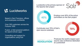 Based in San Francisco, offices
and employees worldwide
Over 300 customers across the
Fortune 1000
Fusion, a Solr-powered platform
for search-driven apps
Consulting and support for
organizations using Solr
Produces the world’s largest open
source user conference dedicated
to Lucene/Solr
Lucidworks is the primary sponsor of
the Apache Solr project
Employs over 40% of the active
committers on the Solr project
Contributes over 70% of Solr's
open source codebase
40%
70%
 