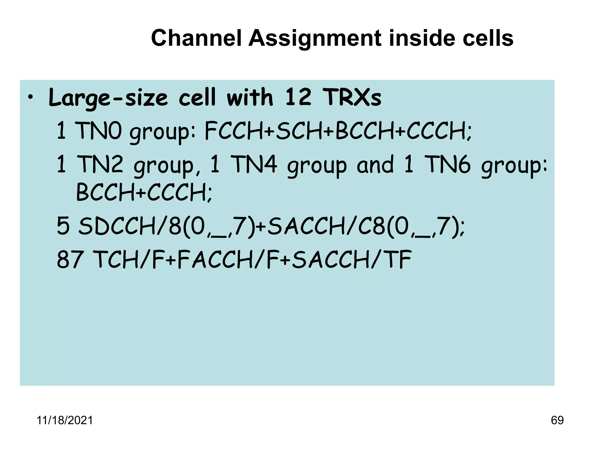 69
• Large-size cell with 12 TRXs
1 TN0 group: FCCH+SCH+BCCH+CCCH;
1 TN2 group, 1 TN4 group and 1 TN6 group:
BCCH+CCCH;
5 SDCCH/8(0,_,7)+SACCH/C8(0,_,7);
87 TCH/F+FACCH/F+SACCH/TF
Channel Assignment inside cells
11/18/2021
 