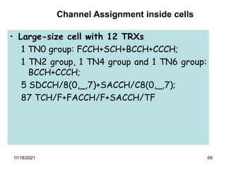 69
• Large-size cell with 12 TRXs
1 TN0 group: FCCH+SCH+BCCH+CCCH;
1 TN2 group, 1 TN4 group and 1 TN6 group:
BCCH+CCCH;
5 SDCCH/8(0,_,7)+SACCH/C8(0,_,7);
87 TCH/F+FACCH/F+SACCH/TF
Channel Assignment inside cells
11/18/2021
 