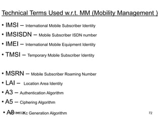 Technical Terms Used w.r.t. MM (Mobility Management )
• IMSI – International Mobile Subscriber Identity
• IMSISDN – Mobile Subscriber ISDN number
• IMEI – International Mobile Equipment Identity
• TMSI – Temporary Mobile Subscriber Identity
• MSRN – Mobile Subscriber Roaming Number
• LAI – Location Area Identity
• A3 – Authentication Algorithm
• A5 – Ciphering Algorithm
• A8 – Kc Generation Algorithm
11/18/2021 72
 