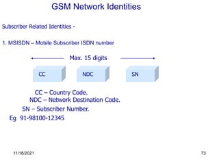 GSM Network Identities
1. MSISDN – Mobile Subscriber ISDN number
Subscriber Related Identities -
CC NDC SN
Max. 15 digits
CC – Country Code.
NDC – Network Destination Code.
SN – Subscriber Number.
Eg 91-98100-12345
11/18/2021 73
 