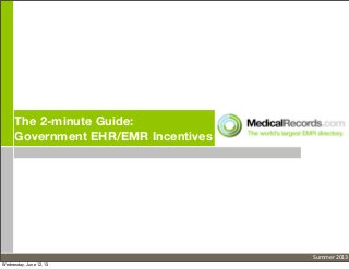 The 2-minute Guide:
Government EHR/EMR Incentives
Summer	
  2013
Wednesday, June 12, 13
 