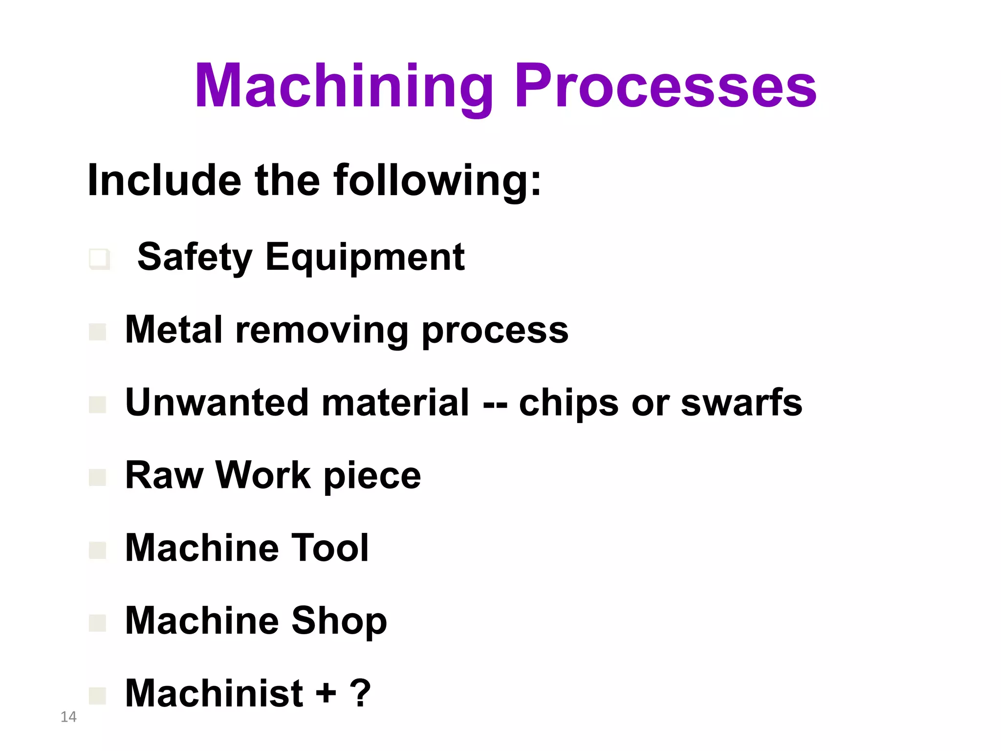 14
Machining Processes
Include the following:
 Safety Equipment
 Metal removing process
 Unwanted material -- chips or swarfs
 Raw Work piece
 Machine Tool
 Machine Shop
 Machinist + ?
 