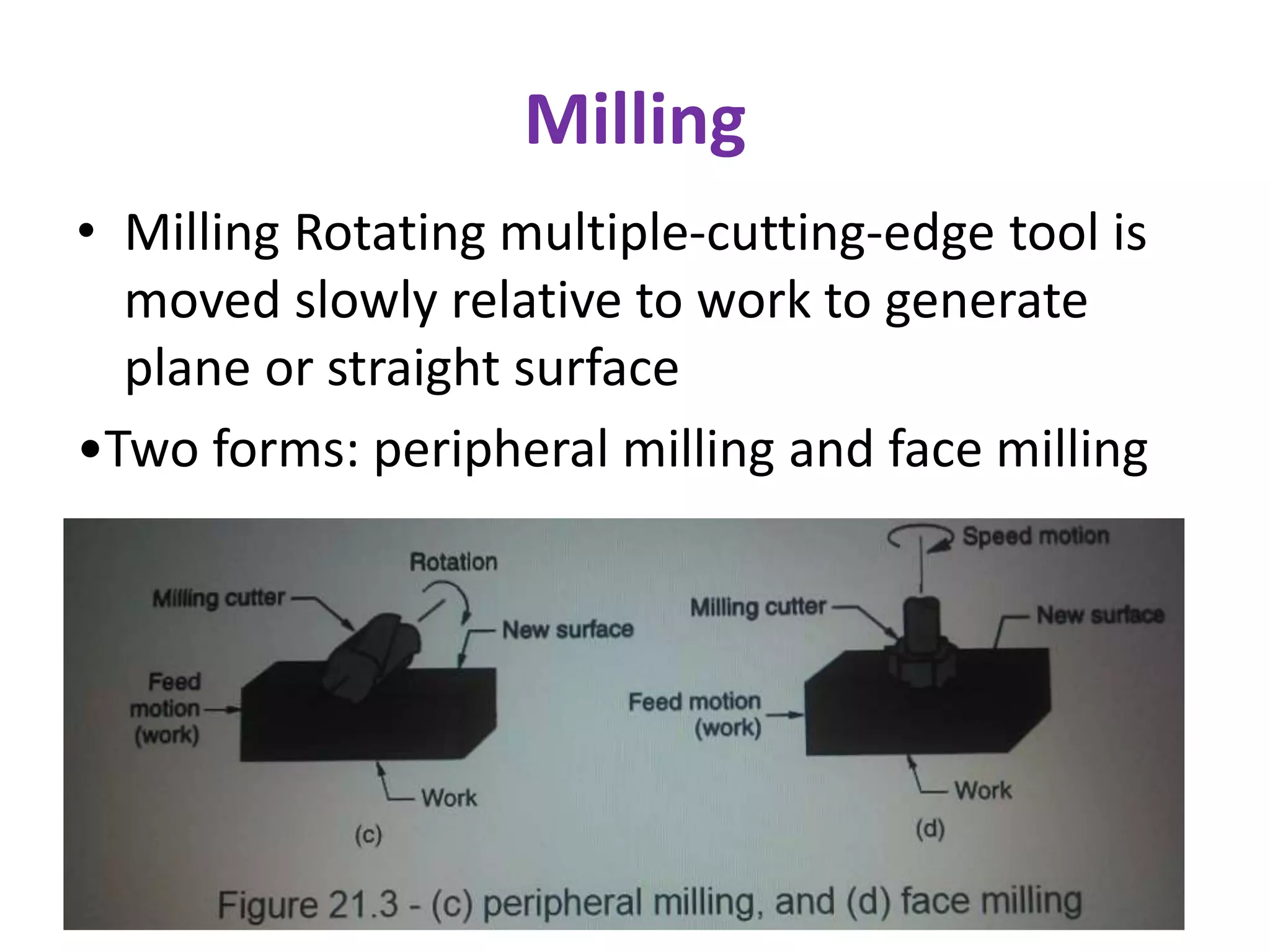Milling
• Milling Rotating multiple-cutting-edge tool is
moved slowly relative to work to generate
plane or straight surface
•Two forms: peripheral milling and face milling
 