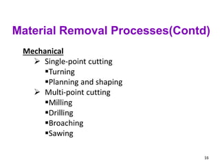 16
Material Removal Processes(Contd)
Mechanical
 Single-point cutting
Turning
Planning and shaping
 Multi-point cutting
Milling
Drilling
Broaching
Sawing
 