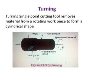 Turning
Turning Single point cutting tool removes
material from a rotating work piece to form a
cylindrical shape
 
