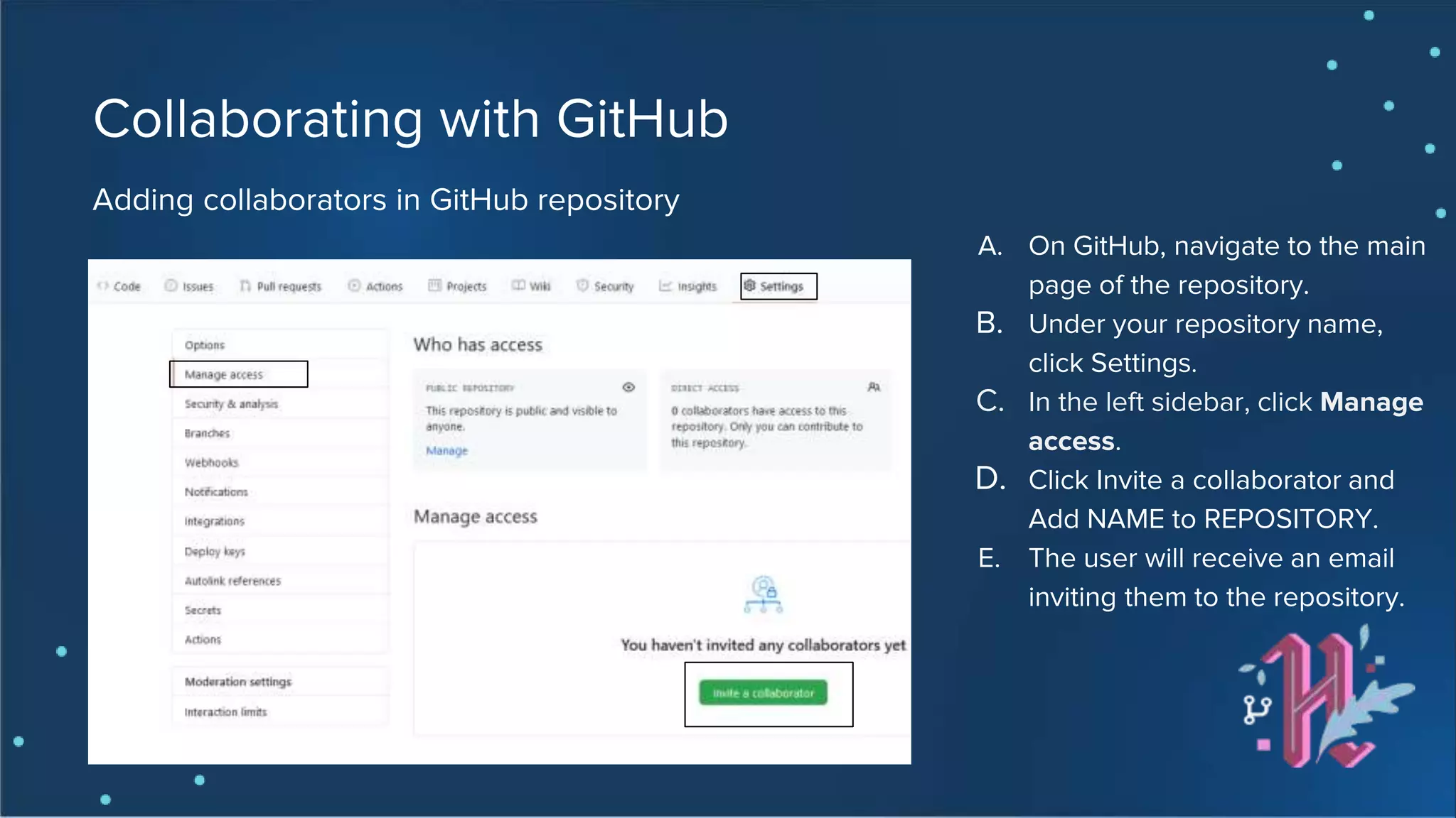 Collaborating with GitHub Adding collaborators in GitHub repository A. On GitHub, navigate to the main page of the repository. B. Under your repository name, click Settings. C. In the left sidebar, click Manage access. D. Click Invite a collaborator and Add NAME to REPOSITORY. E. The user will receive an email inviting them to the repository. 